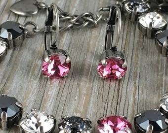 8mm Swarovski Crystal Lever Back Earrings - Rose, Pink, Antique Silver, October Birthstone