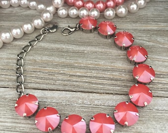 12mm Swarovski Crystal Bracelet - Coral, Antique Silver, Summer Jewelry, Beach Jewelry