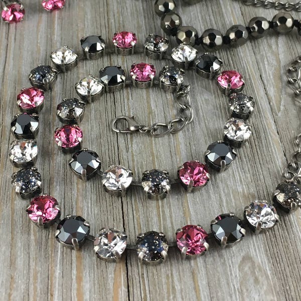 8mm Swarovski Crystal Necklace - Rose, Pink, Patina, Black, Antique Silver, October Birthstone