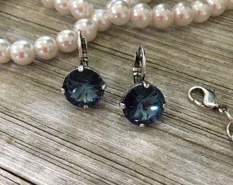 12mm Swarovski Crystal Earrings - Denim, Blue, Navy, Antique Silver, Lever Back