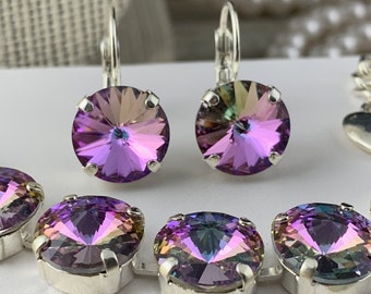 12mm Swarovski Crystal Lever Back Earrings - Vitrail Light, Purple, Lavender, Rainbow, Bright Silver