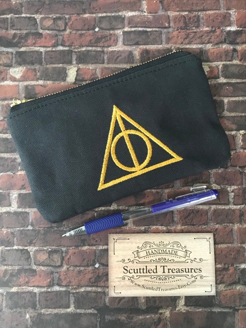 Stocking Stuffer School Pouch Pencil Case Deathly Hallows Inspired Custom Embroidered Canvas Zipper Pouch