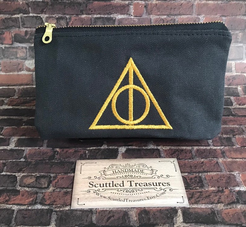 Stocking Stuffer School Pouch Pencil Case Deathly Hallows Inspired Custom Embroidered Canvas Zipper Pouch