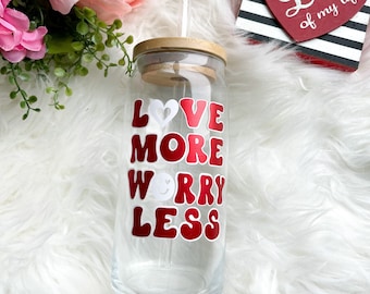 Valentine's Day Beer Can Glass, 20 oz Can Glass, Love More Worry Less Can Glass, Color Changing Glass,Retro Beer Can Glass,Iced Coffee Glass