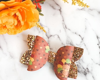Thanksgiving Turkey Hair Bow, Turkey Hair bow, Fall Hair Bow, Thanksgiving Bow, Turkey Bow, Turkey glitter hair bow, Holiday Hair Bows