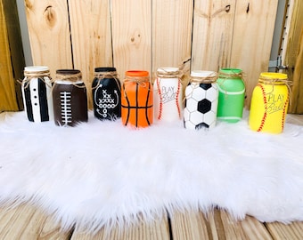 Sports Theme Mason Jars, Set of 3 Mason Jars, Baby Shower Centerpieces, Sports theme Decor, Superbowl Decor, Nursery Decor, Birthday Decor