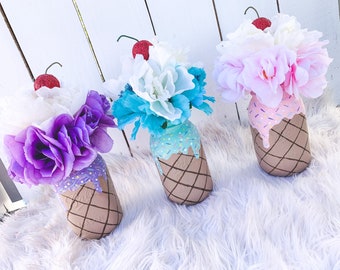Custom Ice Cream Mason Jar Centerpieces, Hand Painted Party Decor, TWO Sweet Birthday Decor