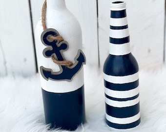 Nautical Wine Bottle, Nautical Decor, Beach Wine Bottle, Beach Decor, Nautical Centerpieces, Beach centerpieces