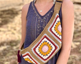 Crocheted Granny Square Sling Bag: Cotton Crossbody Fanny Pack