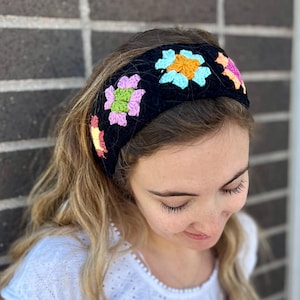 Crocheted Summer Tie Back Headband - Boho Hippie Festival Hair Accessory - Crochet Cotton Granny Square Headband - Women's Fashion Hair Band
