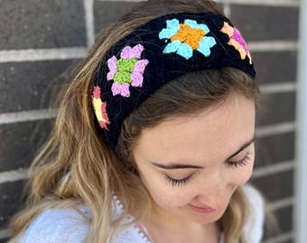 Crocheted Granny Square Headband: Boho Tie Back Hair Accessory
