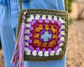 Crocheted Granny Square Crossbody Bag: Small Boho Festival Purse