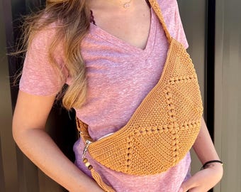 Crocheted Cotton Crossbody Sling Bag: Lined Zippered Chest Bag