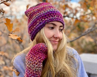 Matching Crocheted Bulky Brimless Slouch Hat and Mittens Set - Thick Winter Hat and Mittens Set - Slouchy Winter Hat -Classic Winter Mittens