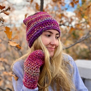 Matching Crocheted Bulky Brimless Slouch Hat and Mittens Set Thick Winter Hat and Mittens Set Slouchy Winter Hat Classic Winter Mittens image 1