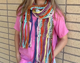 Crocheted Cotton Summer Rainbow Scarf: Long Colorful Fringed Scarf Accessory
