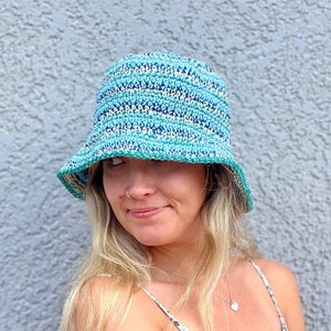 Crocheted Summer Bucket Hat Women's Packable Sun Hat Striped Bucket Hat Beach Hat Summer Hat Colorful Sun Hat Women's Bucket Hat "Sea" (blues)