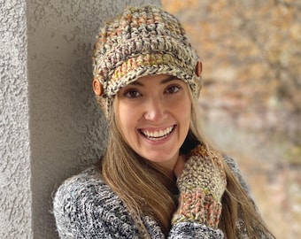 Crocheted Newsboy Hat and Wrist Warmer Set: Matching Chunky Acrylic-Wool Blend Winter Set