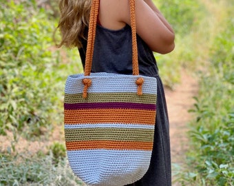 Crocheted Striped Bucket Tote Bag: Mercerized Cotton Shoulder Bag