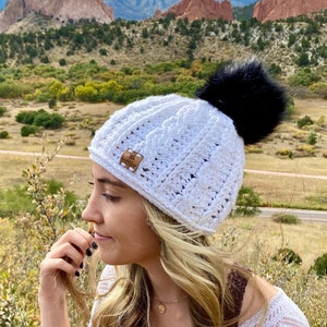 Crocheted Cabled Beanie with Faux Fur Pom: Women&#39;s Winter Hat