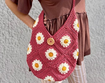 Crocheted Cotton Daisy Shoulder Bag: Boho Granny Square Purse