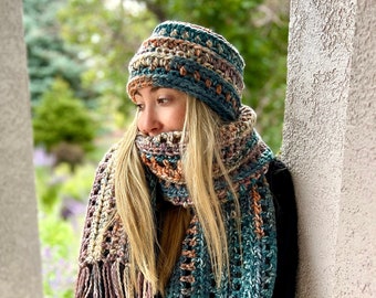 Crocheted Bulky Fringed Scarf and Ear Warmer Set: Matching Winter Set