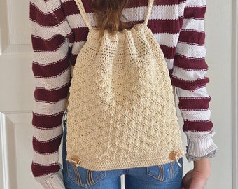 Crocheted Cotton Drawstring Backpack: Lined Summer Boho Bag