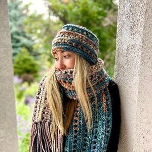 Crocheted Bulky Fringed Scarf and Ear Warmer Set: Matching Winter Set