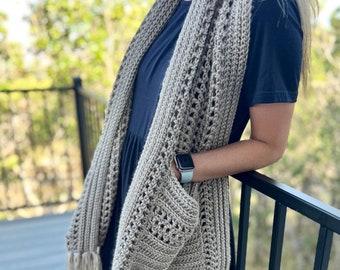 Crocheted Pockets Shawl Scarf: Year Round Fringed Wrap with Pockets