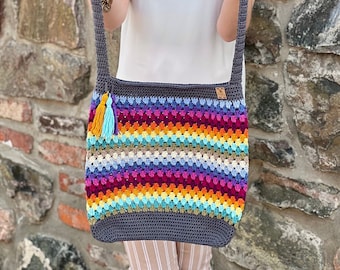 Crocheted Striped Crossbody Bag: Boho Granny Stitch Cotton Tote