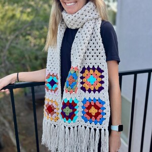 Crocheted Chunky Granny Square Scarf: Long Boho Fringe Fall Accessory