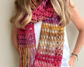 Crocheted Fringed Scarf – Variegated Pink Boho Scarf