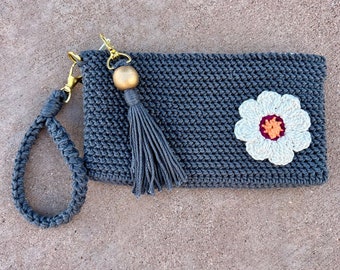 Crocheted Flower Wristlet Wallet Clutch Purse - Lined Zippered Small Boho Wallet - Smartphone Pouch with Strap - Mini Wristlet Clutch Wallet