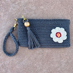 Gehäkelte Blume Handgelenk Geldbörse Clutch Geldbörse - Gefütterte kleine Boho Geldbörse mit Reißverschluss - Smartphone Tasche mit Riemen - Mini Wristlet Clutch Geldbörse
