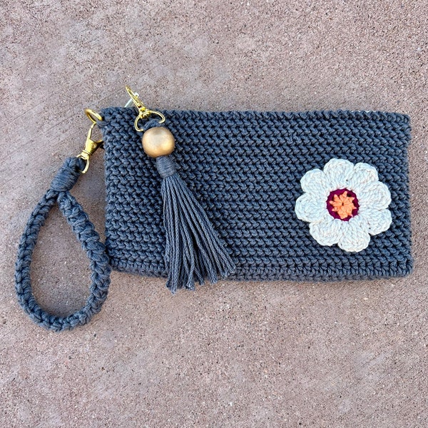 Crocheted Flower Wristlet Wallet Clutch Purse - Lined Zippered Small Boho Wallet - Smartphone Pouch with Strap - Mini Wristlet Clutch Wallet