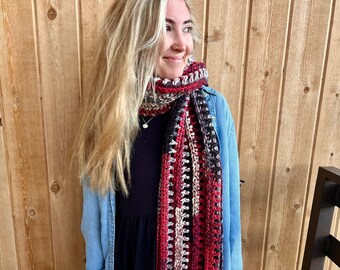 Crocheted Bulky Fringed Scarf: Multi-Color Scrappy Chunky Winter Scarf in Red Green