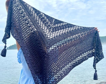 Crocheted Linen Blend Triangle Scarf Wrap with Tassels: Boho Summer Shawl