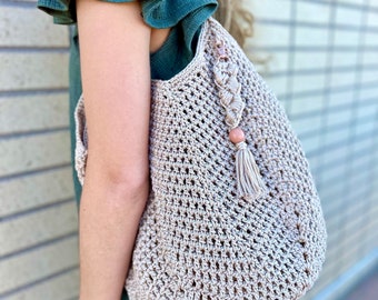 Modern Casual Summer Tote Handbag for Vacation, Beach, Market, Everyday Use - Crocheted Cord Mesh Net Tote Bag -  All Purpose Summer Purse
