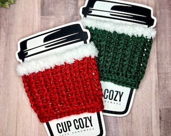 Crocheted Christmas Cup Cozy: Sparkly Holiday Coffee Sleeve