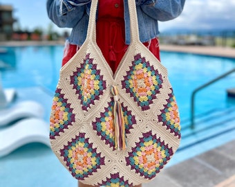 Crocheted Granny Square Tote Bag: Multi-Color Cotton Boho Beach Bag