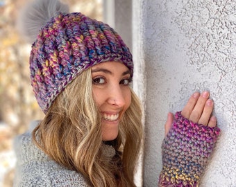 Chunky Crocheted Hat and Wrist Warmer Set: Matching Faux Fur Pom Hat, Fingerless Mittens