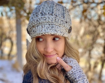 Newsboy Hat Crocheted - Women's Chunky Newsboy Hat - Newsboy Cap with Brim and Buttons - Crocheted Newsboy Cap - Winter Newsboy Hat for Her