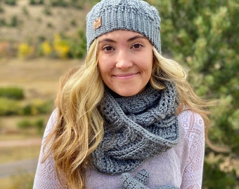 Crocheted Winter Set: Slouchy Cable Knit Hat with Faux Fur Pom, Mittens, Infinity Cowl