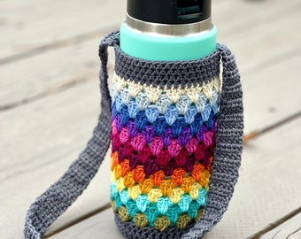 Crocheted Water Bottle Carrier: Rainbow Stripe Cotton Holder