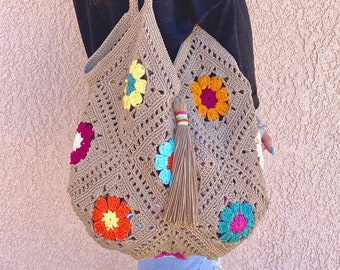 Crocheted Wildflower Tote Bag: Boho Cotton Beach Bag Purse