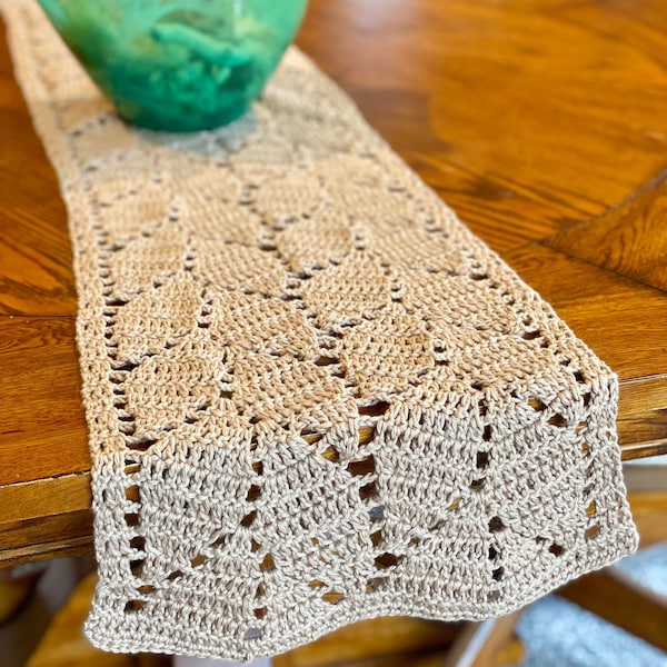 Crocheted Leaf Pattern Table Runner - Home Decor - Tan Cotton Linen Table Runner - Decorative Table Accent - Long Crocheted Table Runner