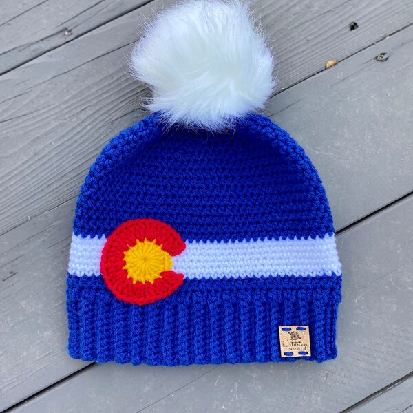 Crocheted Colorado Winter Hat With Removable Pom - Colorado Winter Wear - Colorado Flag Hat - Colorado Faux Fur Pom Hat - Colorado Beanie