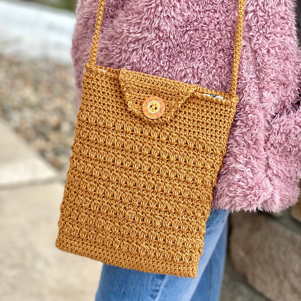 Bolso bandolera de algodón tejido a crochet: pequeño bolso de verano con correa larga.