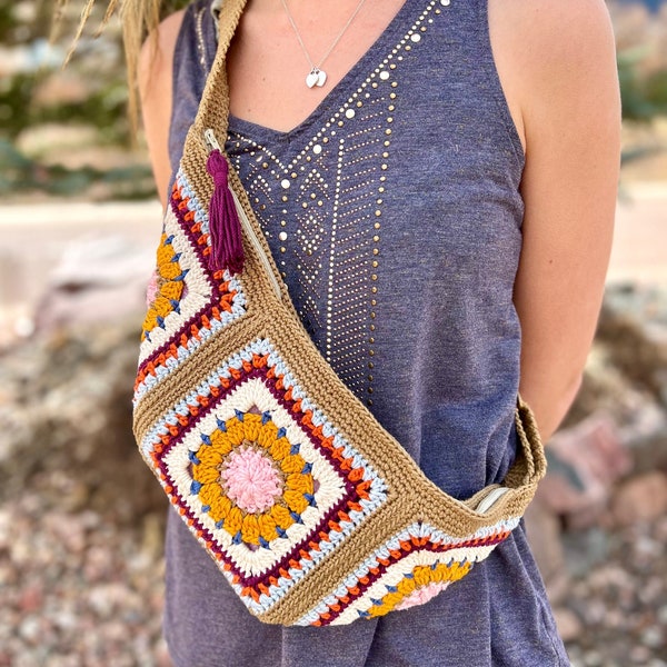 Crocheted Crossbody Sling Bag - Adjustable Fanny Pack - Lined Zipper Sling Bag - Hands Free Boho Bag - Crochet Bag - Bum Bag - Sling Bag