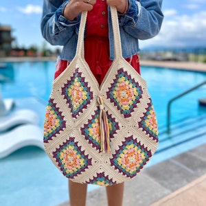 Crocheted Multi-Color Boho Tote Bag Beach Bag Market Bag Crochet Tote Bag Granny Square Bag Crochet Shoulder Bag Large Tote Bag image 1